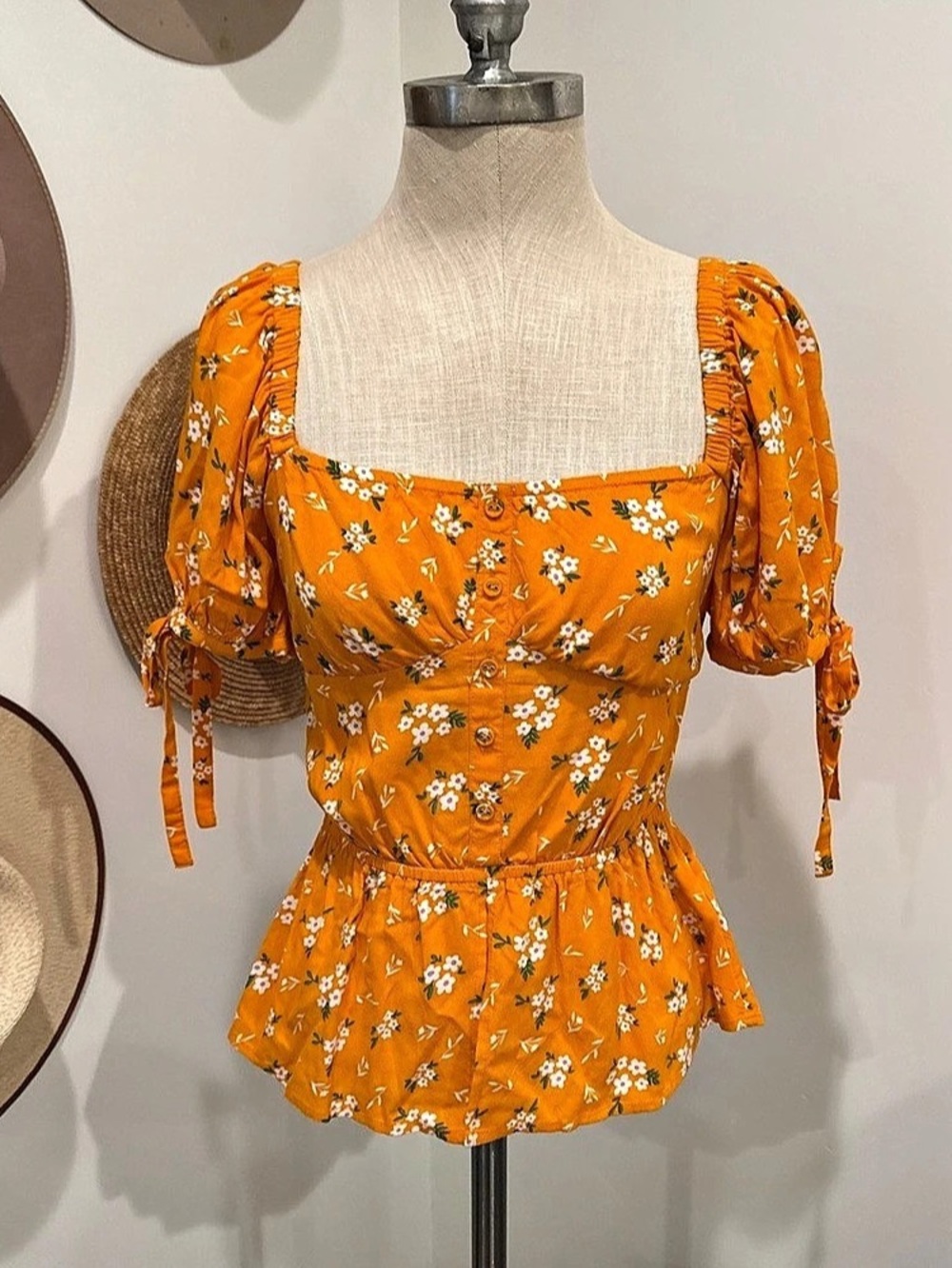 The Drop Floral Peplum Blouse in Orange & White Size XS Like New